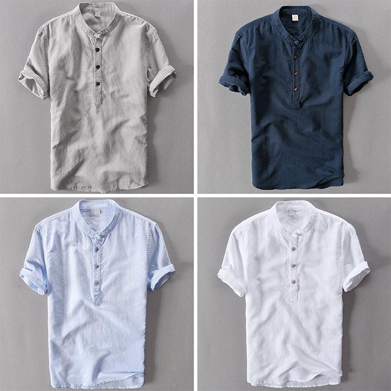 Men’s Short Sleeve Linen Shirt - Mandarin Collar - Lightweight Casual