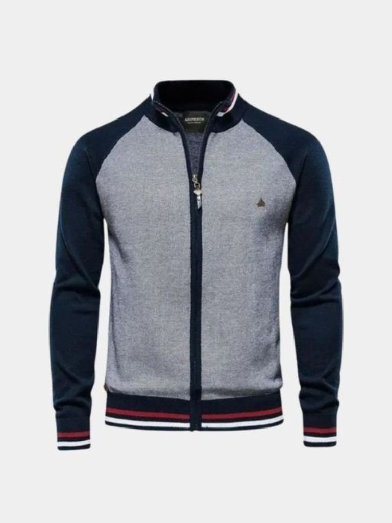 Zipper Color Block Standing Collar Cardigan Sweater