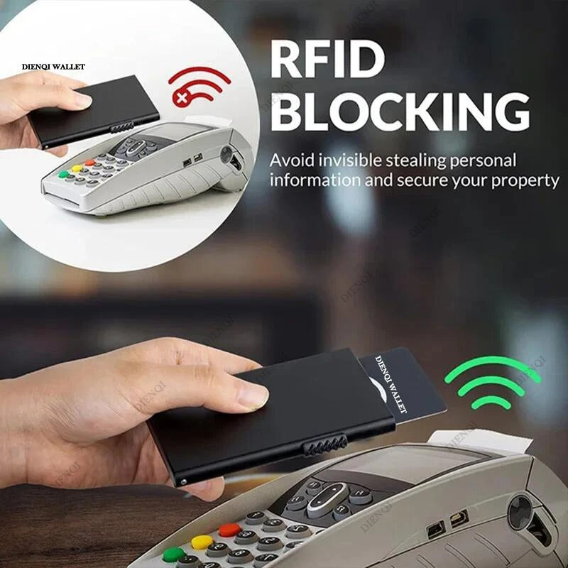 RFID-Blocking Minimalist Metal Wallet with Pop-Up Card Holder for Men and Women - Slim, Secure, and Stylish Black Design