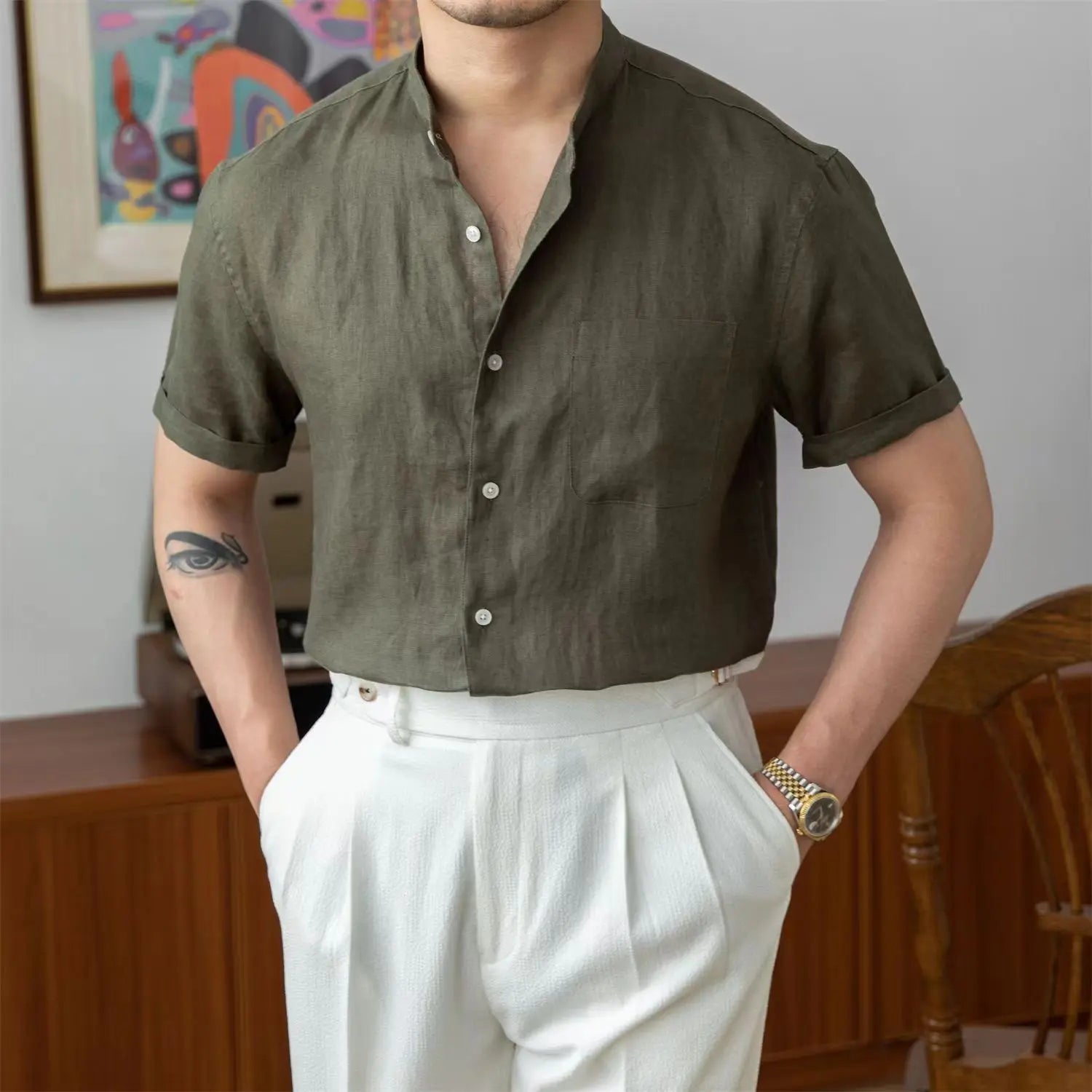 Linen Band-Collar Shirt — Long Sleeve