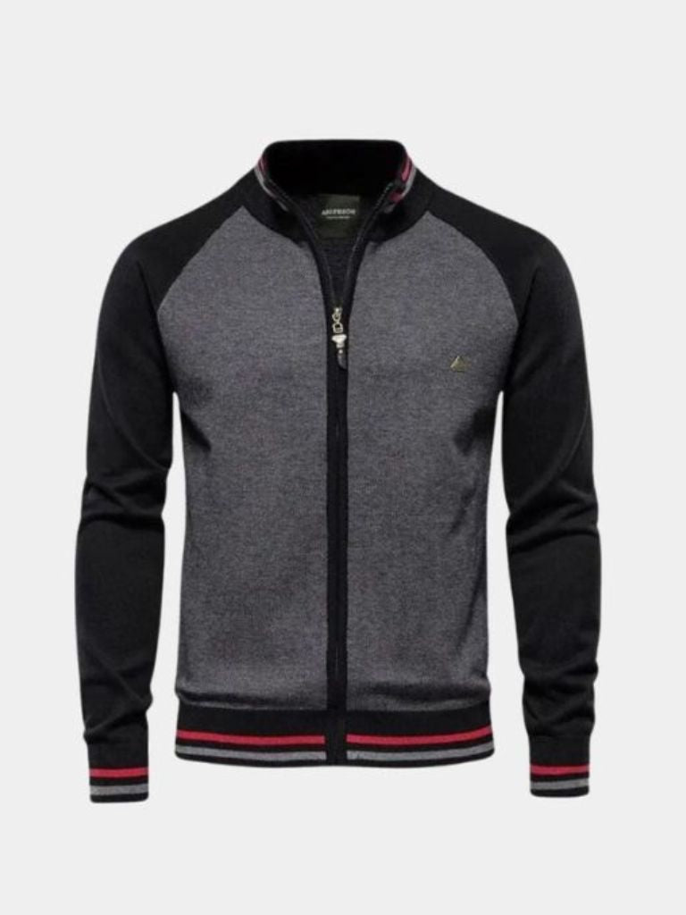 Zipper Color Block Standing Collar Cardigan Sweater