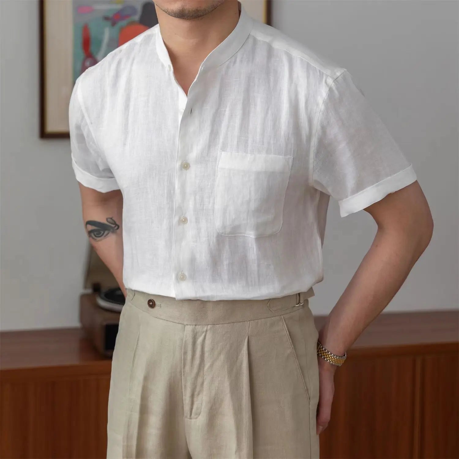 Linen Band-Collar Shirt — Long Sleeve