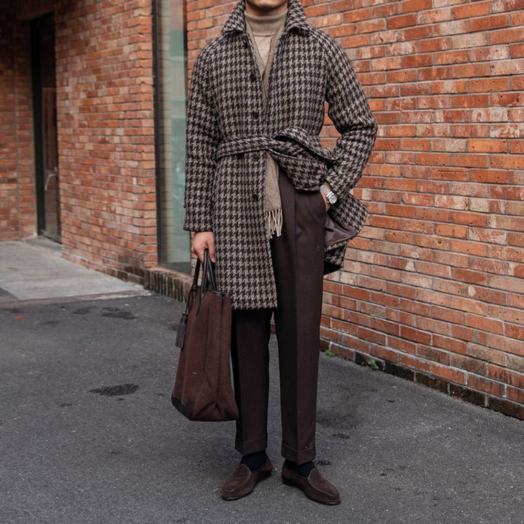 Houndstooth Edinburgh Belted Wool-Blend Coat