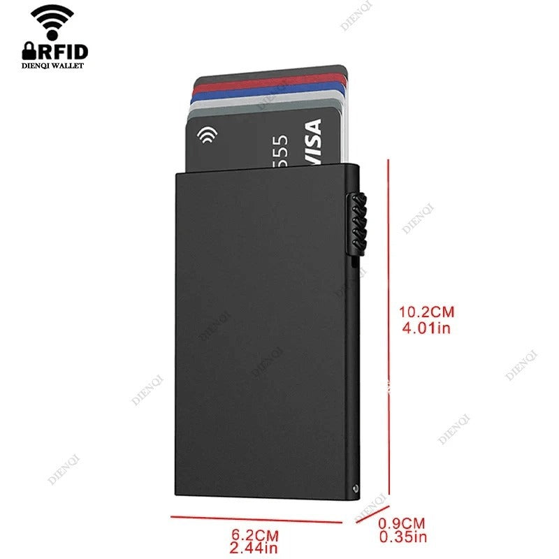 RFID-Blocking Minimalist Metal Wallet with Pop-Up Card Holder for Men and Women - Slim, Secure, and Stylish Black Design